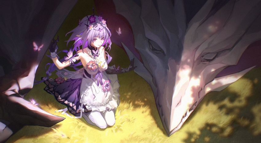 asymmetrical_gloves, bare_shoulders, black_tiara, breasts, bug, butterfly, butterfly_earrings, butterfly_on_hand, butterfly_ornament, castorice_(honkai:_star_rail), dragon, dress, earrings, flower, flower_ornament, gloves, grass, hair_flower, hair_ornament, highres, honkai:_star_rail, honkai_(series), jewelry, large_breasts, long_hair, pointy_ears, pollux_(honkai:_star_rail), purple_butterfly, purple_flower, purple_gloves, purple_hair, seiza, sitting, smile, tiara, uneven_gloves, very_long_hair, violet_eyes, white_dress, zero808w