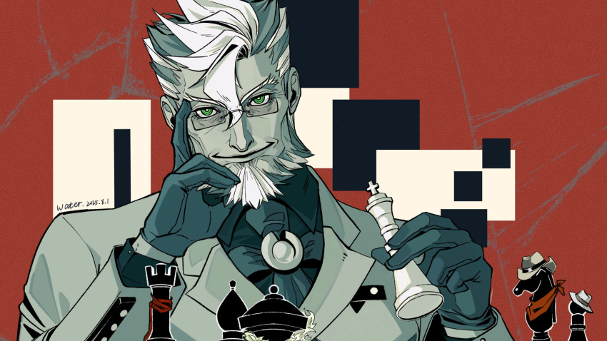 1boy, ace_attorney, artist_name, beard, bishop_(chess), bright_pupils, bruce_goodman, chess_piece