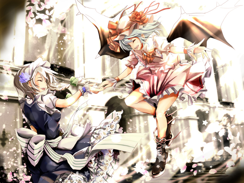 bat_wings, blue_dress, blue_hair, cherry_blossoms, closed_eyes, dress, eyes_closed, haruhina_purple