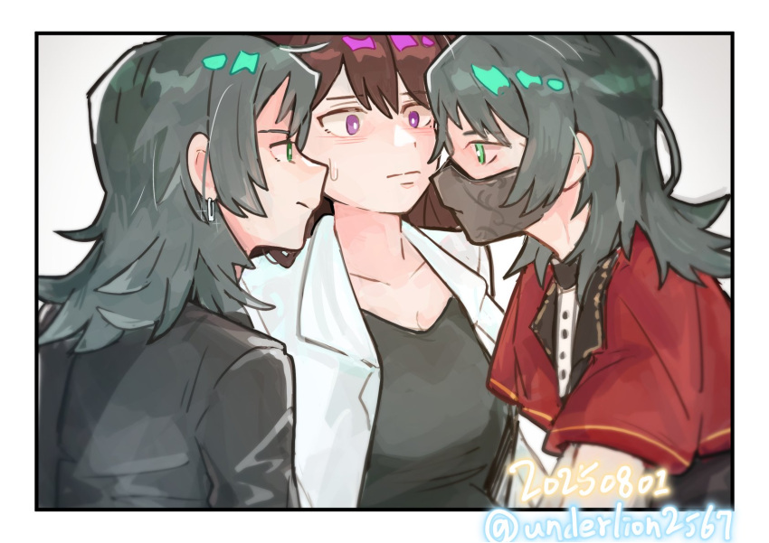 3girls, bang_dream!, bang_dream!_it's_mygo!!!!!, black_jacket, black_mask, black_shirt, blush, border