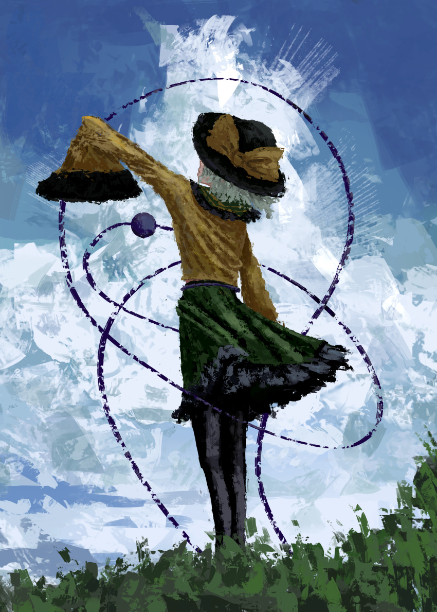 1girl, absurdres, arm_up, black_hat, black_pantyhose, black_trim, blue_sky, clouds