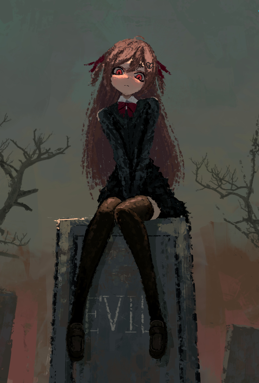 1girl, absurdres, ahoge, bare_tree, black_dress, black_thighhighs, bow, bowtie, brown_hair, closed_mouth, clouds, cloudy_sky, dress, evil_neuro-sama, frown, hair_ornament, hand_between_thighs, highres, long_hair, looking_at_viewer, neuro-sama, red_bow, red_bowtie, red_eyes, sitting_on_tombstone, sky, solo, thefatum, thigh-highs, tombstone, tree, vedal_ai, very_long_hair, virtual_youtuber