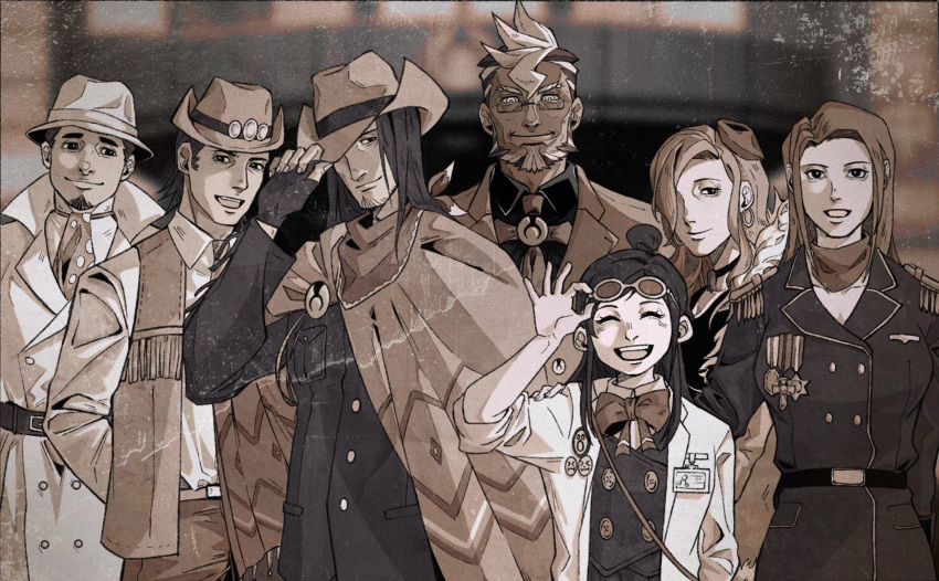 3girls, 4boys, ace_attorney, angel_starr, bandana, beard, belt, bow