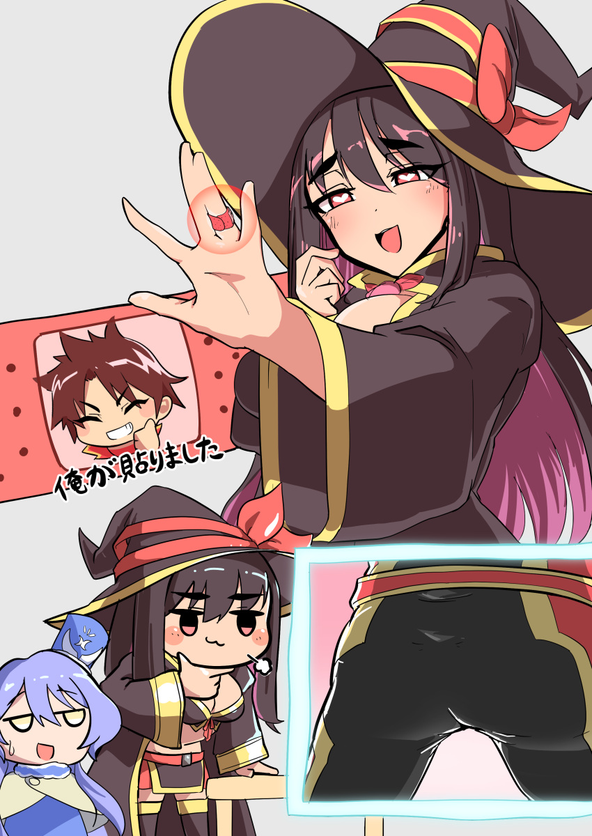 1boy, 2girls, :d, absurdres, asagaki_togo, bandaid_on_finger, black_hair, black_hat