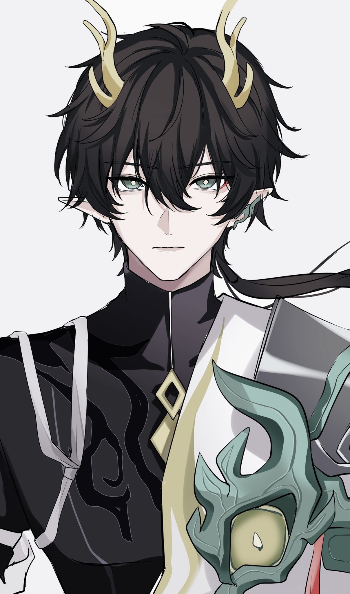 1boy, asymmetrical_clothes, black_hair, blue_eyes, closed_mouth, commentary, dan_heng_(honkai:_star_rail), double-parted_bangs