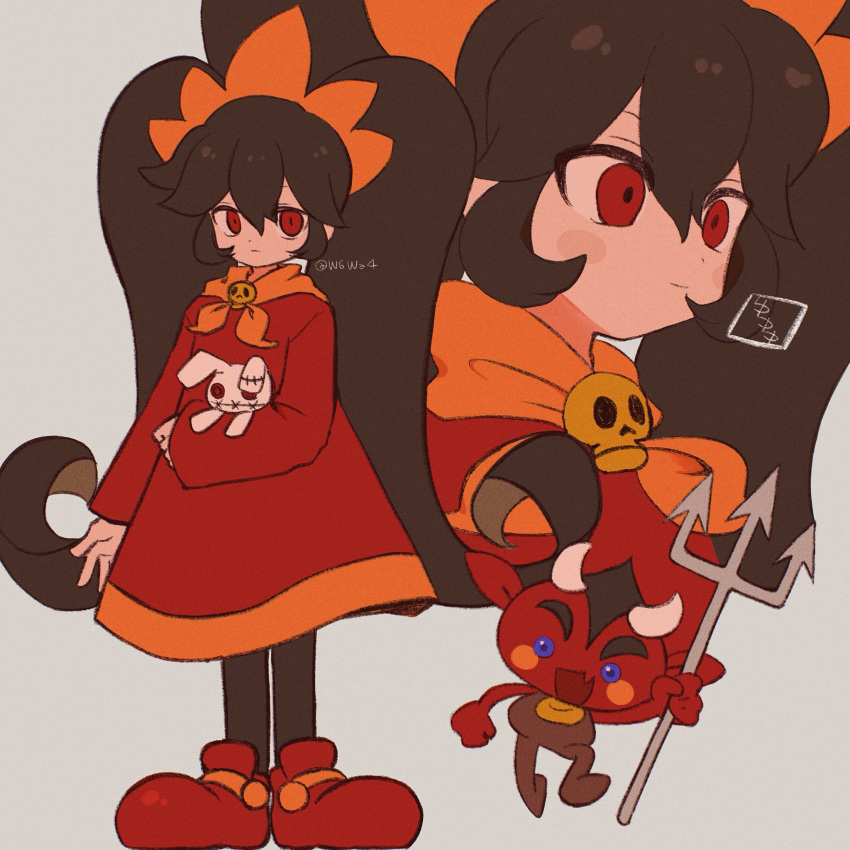 1girl, ashley_(warioware), black_hair, blue_eyes, closed_mouth, commentary_request, dress, full_body, grey_background, hairband, highres, holding, holding_stuffed_toy, horns, long_hair, looking_at_viewer, multiple_views, orange_hairband, pitchfork, red_(warioware), red_dress, red_eyes, simple_background, standing, stuffed_animal, stuffed_rabbit, stuffed_toy, twintails, twitter_username, upper_body, very_long_hair, w6wa4, warioware