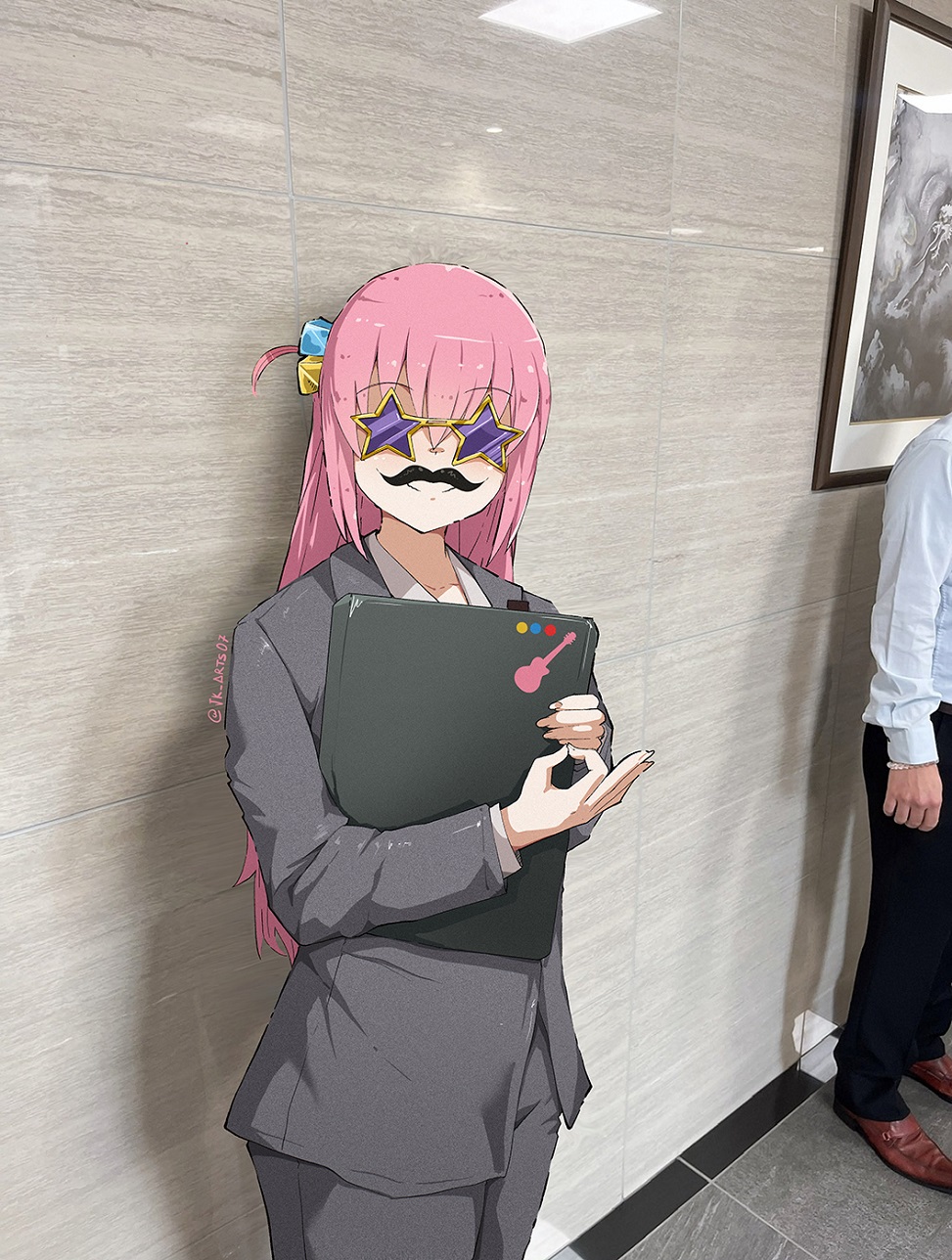 1boy, 1girl, araki_saori, araki_saori_(cosplay), bocchi_the_rock!, cosplay, cube_hair_ornament, fake_facial_hair, fake_mustache, gotoh_hitori, grey_jacket, grey_pants, grey_suit, hair_ornament, highres, jacket, jk_arts, long_hair, office_lady, one_side_up, pant_suit, pants, photo-referenced, photo_background, pink_hair, purple-tinted_eyewear, solo_focus, star-shaped_eyewear, star_(symbol), suit, suit_jacket, sunglasses, tinted_eyewear