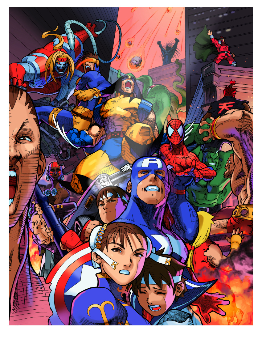 2girls, 6+boys, \o/, absurdres, akuma_(street_fighter), arms_up, bengus, blackheart_(marvel)