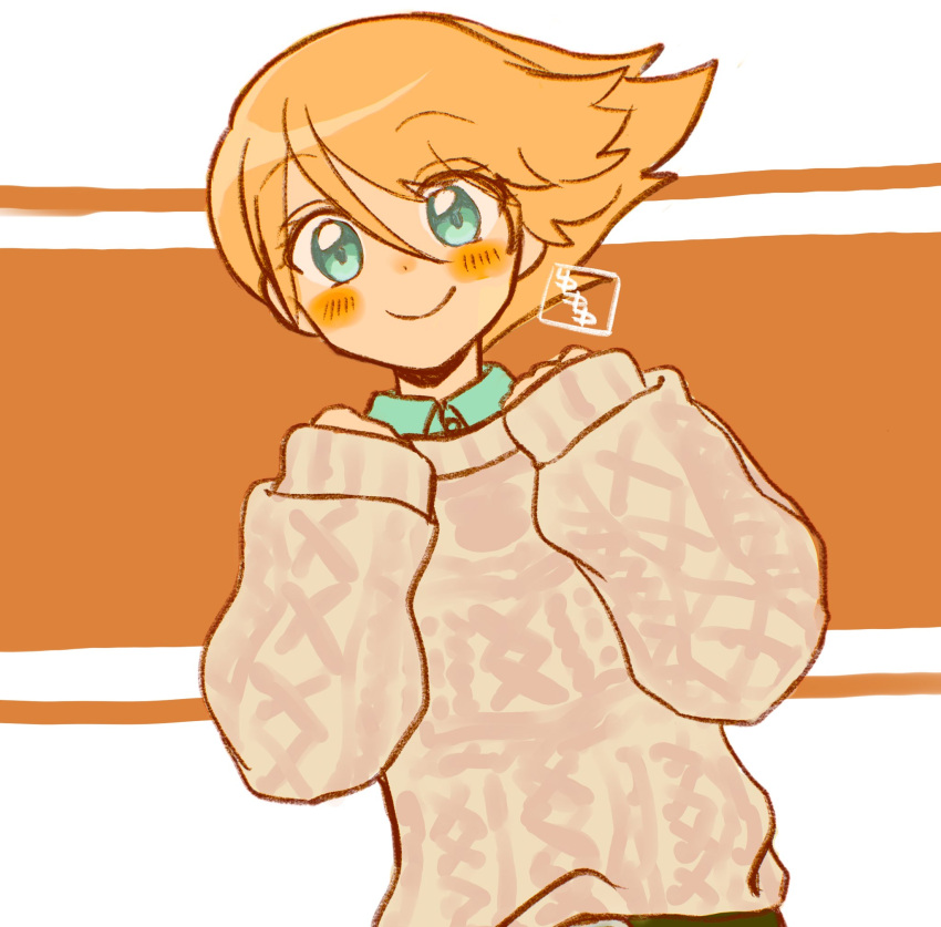 1boy, blonde_hair, blue_eyes, blush, clenched_hands, closed_mouth, commentary_request, highres