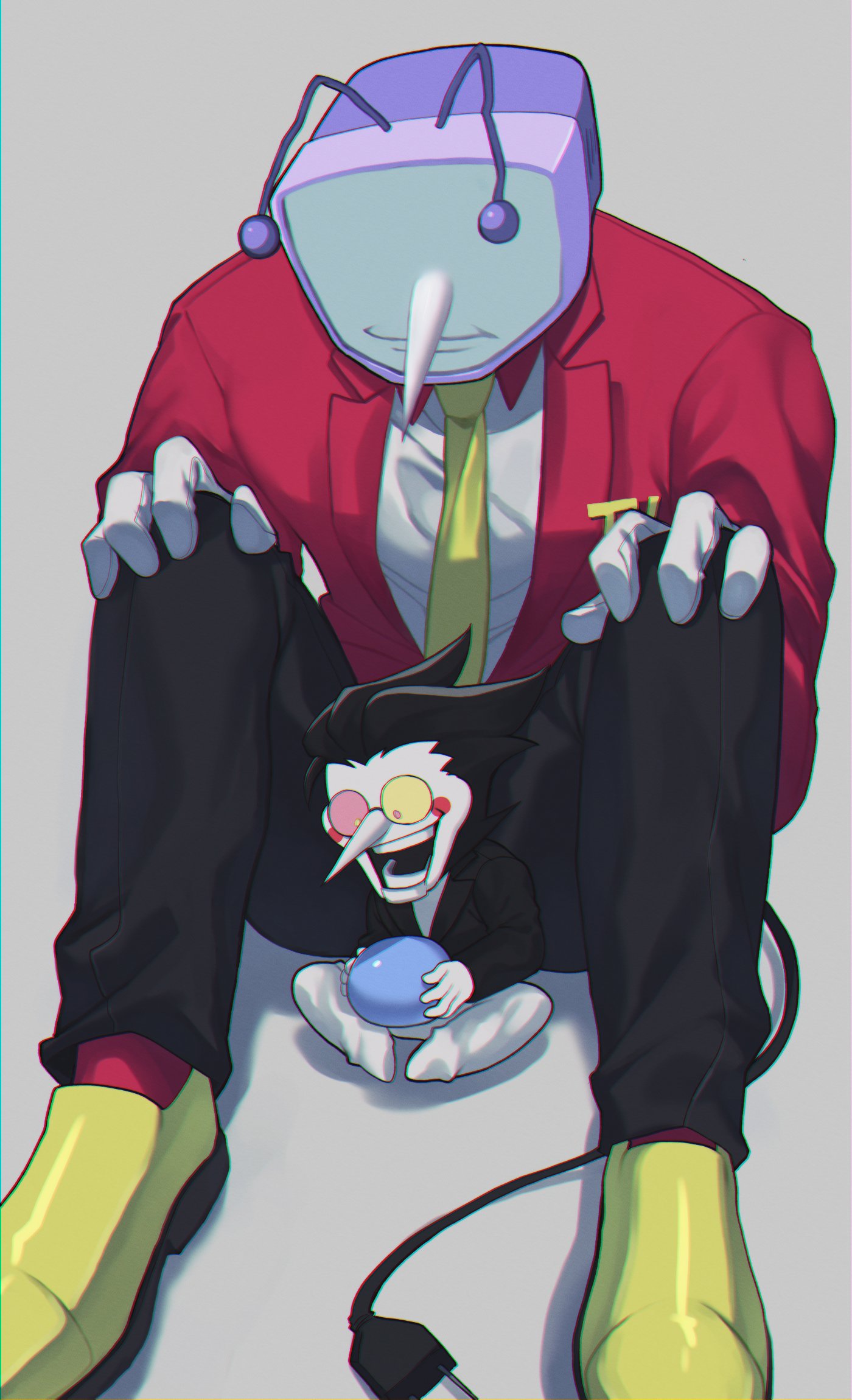 2boys, ant_tenna, antennae, between_legs, black_hair, black_jacket, black_pants, circle_facial_mark