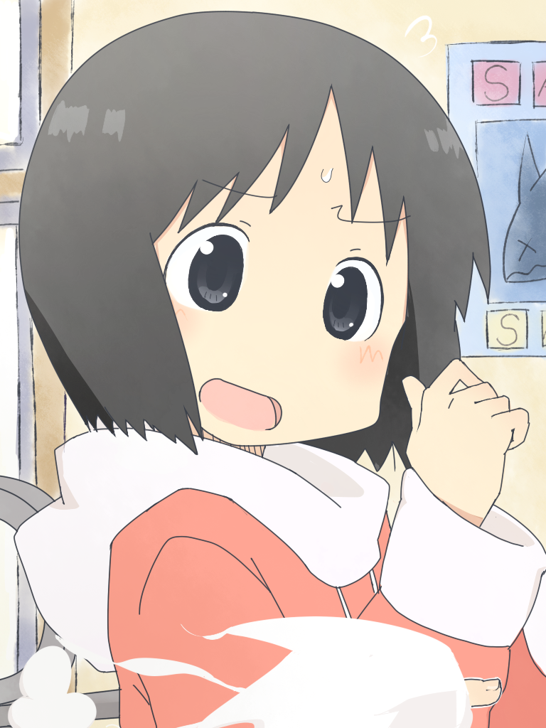 black_hair, embarrassed, fingers, flying, nichijou, nono_(kedara), official_style, poster