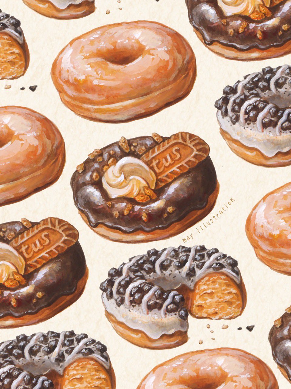 artist_name, chocolate_icing, commentary_request, cookie, doughnut, food, food_focus, glazed_donut