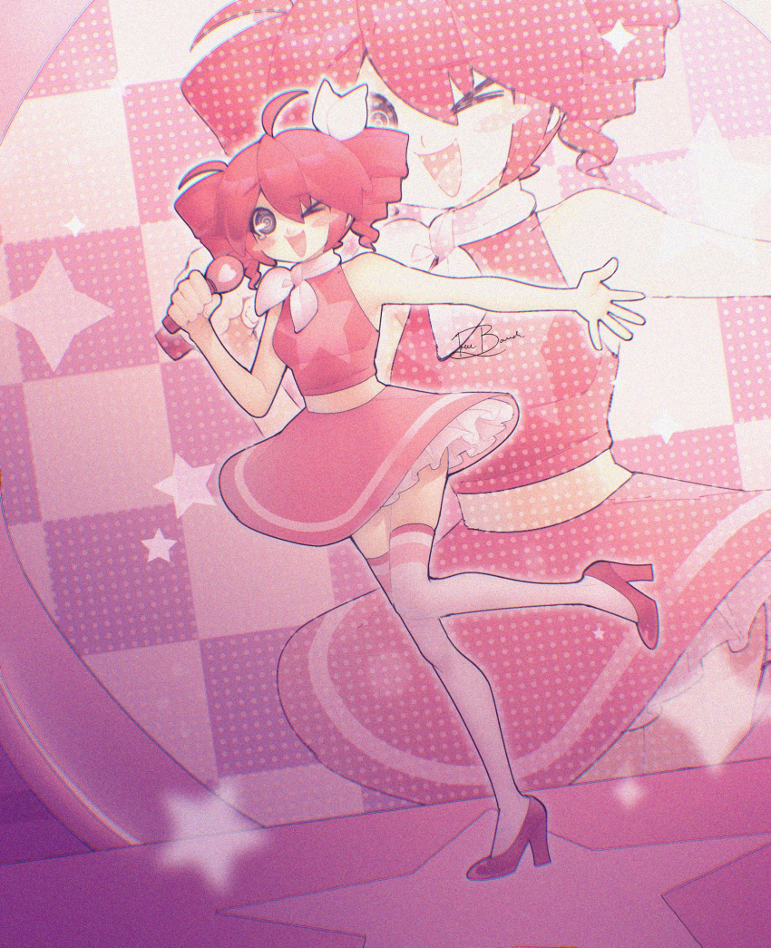 >_o, 1girl, :d, @_@, ahoge, bare_shoulders, blush_stickers, drill_hair