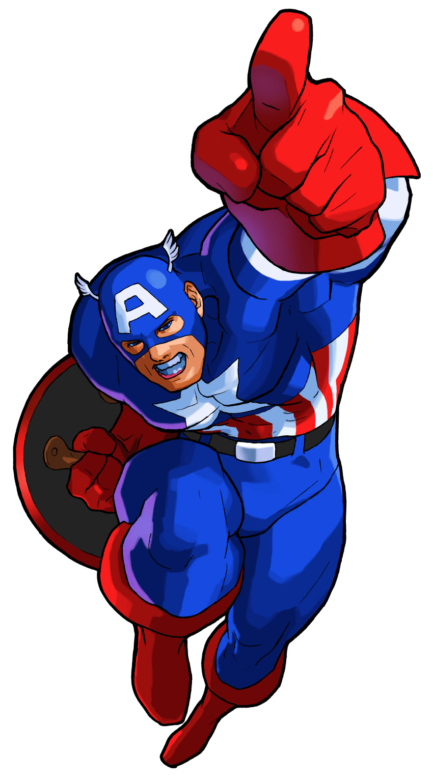 1boy, absurdres, american_flag, american_flag_print, belt, bengus, blue_pants, boots