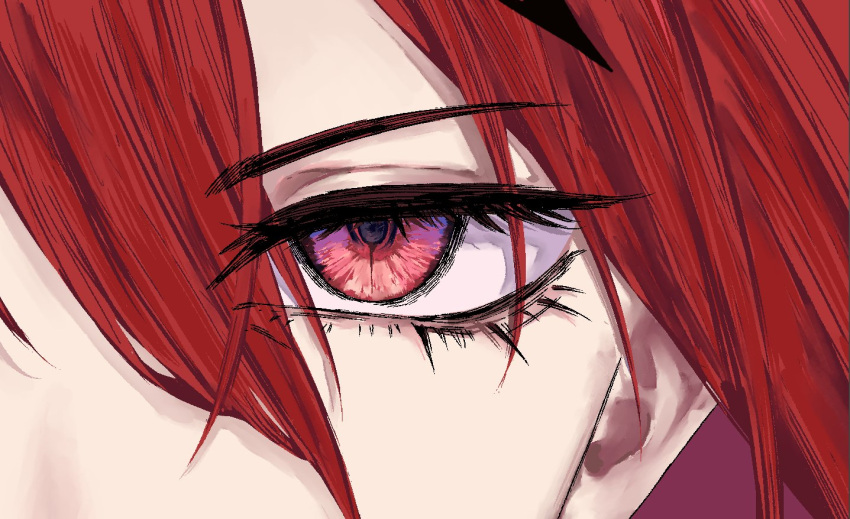 1girl, close-up, elizabeth_rose_bloodflame, english_commentary, eye_focus, hololive, hololive_english, kizuru09, red_eyes, red_hair, solo, virtual_youtuber