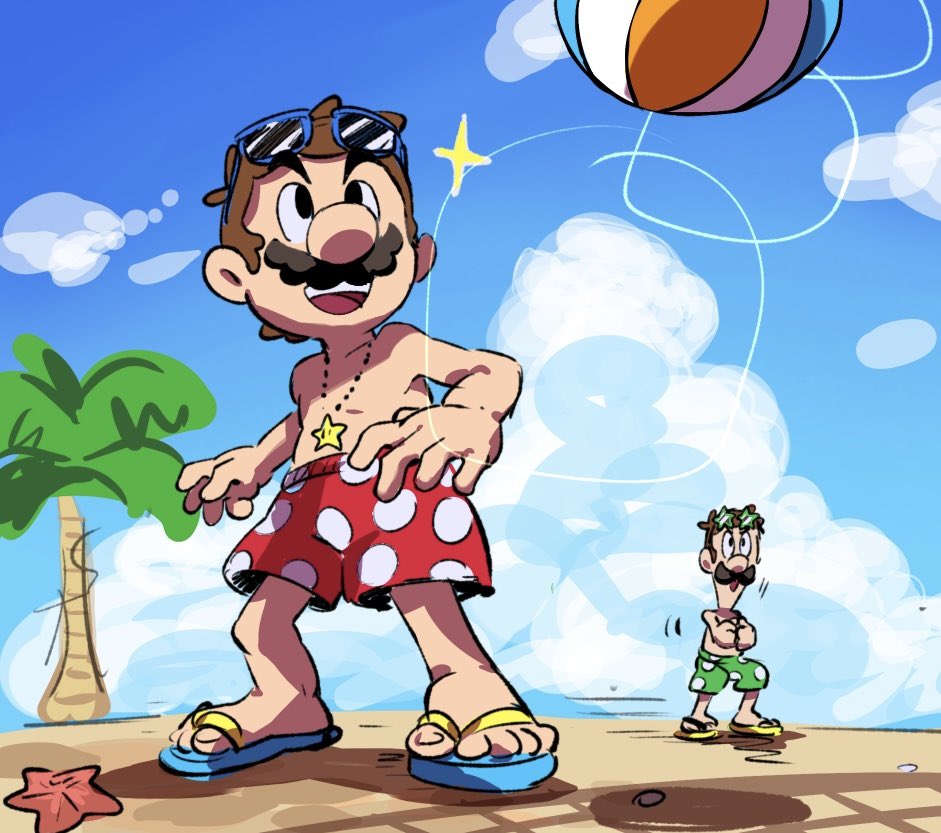 2boys, alternate_costume, ball, beach, beachball, blue-framed_eyewear, blue_sky, brothers, brown_hair, clouds, day, eyewear_on_head, facial_hair, flip-flops, green_shorts, jewelry, luigi, mari_luijiroh, mario, mario_&amp;_luigi_rpg, mario_(boxer_shorts), multiple_boys, mustache, necklace, open_mouth, outdoors, palm_tree, polka_dot, polka_dot_shorts, red_shorts, sandals, short_hair, shorts, siblings, sky, star_(symbol), star_necklace, sunglasses, super_mario_bros., topless_male, tree