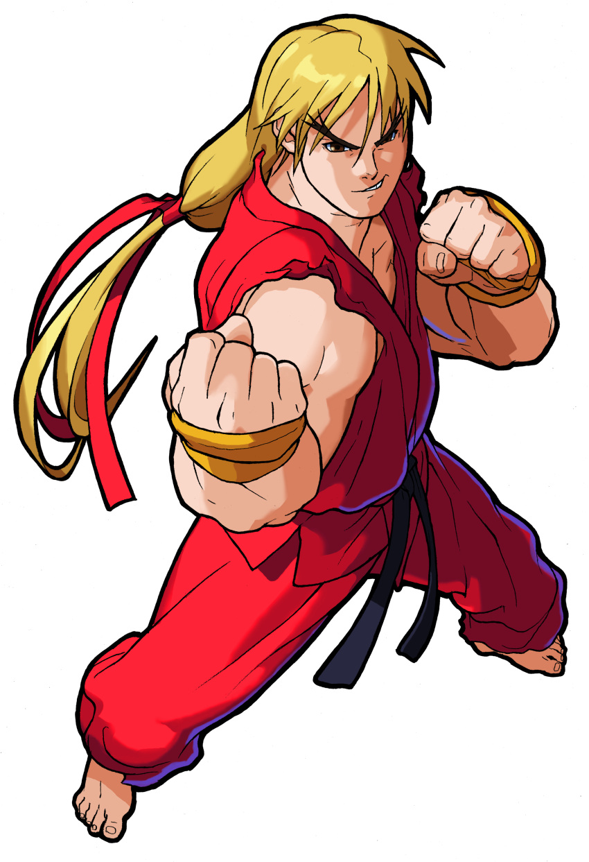 1990s_(style), 1boy, absurdres, barefoot, belt, bengus, black_belt, blonde_hair
