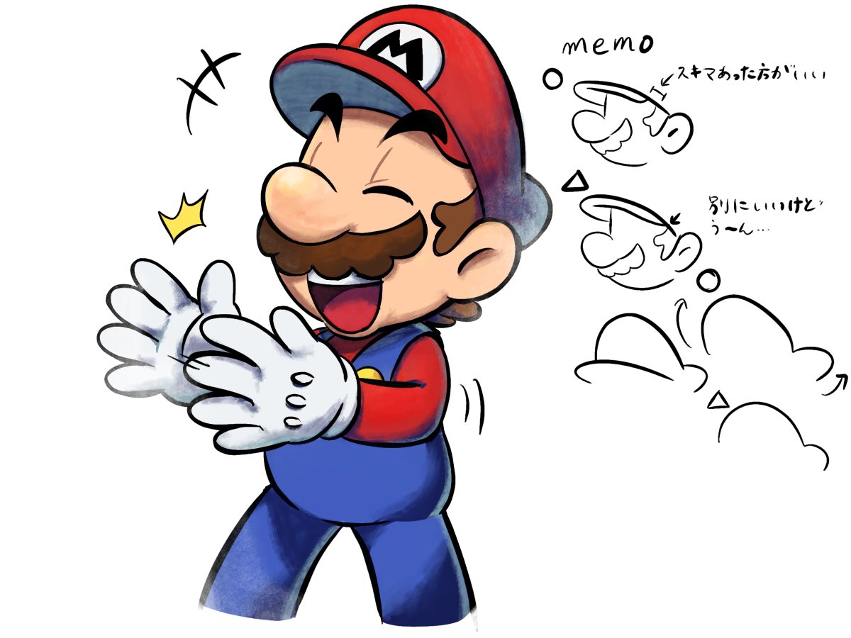 1boy, blue_overalls, brown_hair, closed_eyes, facial_hair, gloves, hat, mari_luijiroh