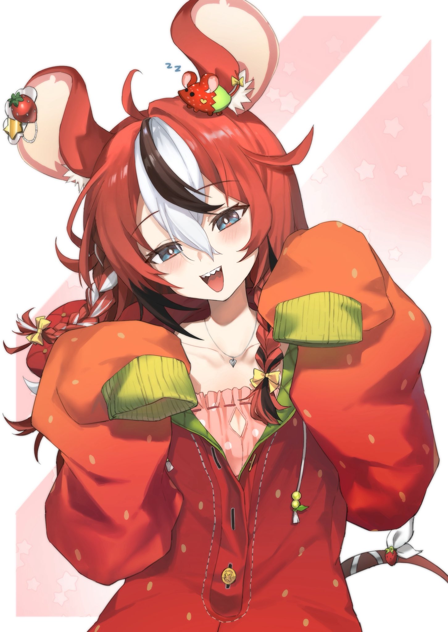 1girl, :d, ahoge, animal_ears, black_streaks, blue_eyes, braid, collarbone