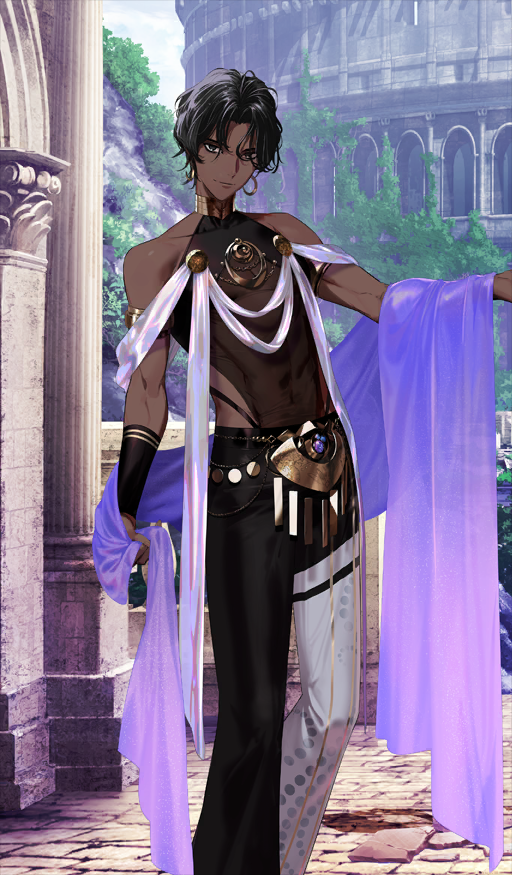 1boy, arjuna_(fate), arjuna_(fgo_fes._2025)_(fate), arm_at_side, asymmetrical_legwear, bare_shoulders, belt, bishounen, black_eyes, black_hair, black_pants, closed_mouth, clothing_cutout, collarbone, commentary_request, dark-skinned_male, dark_skin, earrings, fate/grand_order, fate_(series), feet_out_of_frame, game_cg, jewelry, looking_at_viewer, male_focus, official_art, outdoors, outstretched_arm, pako_(pakosun), pants, purple_shawl, shawl, side_cutout, smile, solo, standing, third-party_source, two-tone_pants, white_pants
