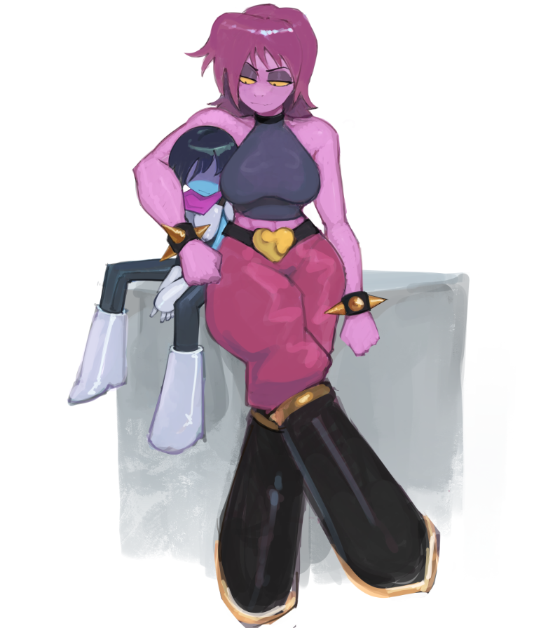 1girl, 1other, abs, arm_around_neck, armor, black_boots, black_choker, black_hair
