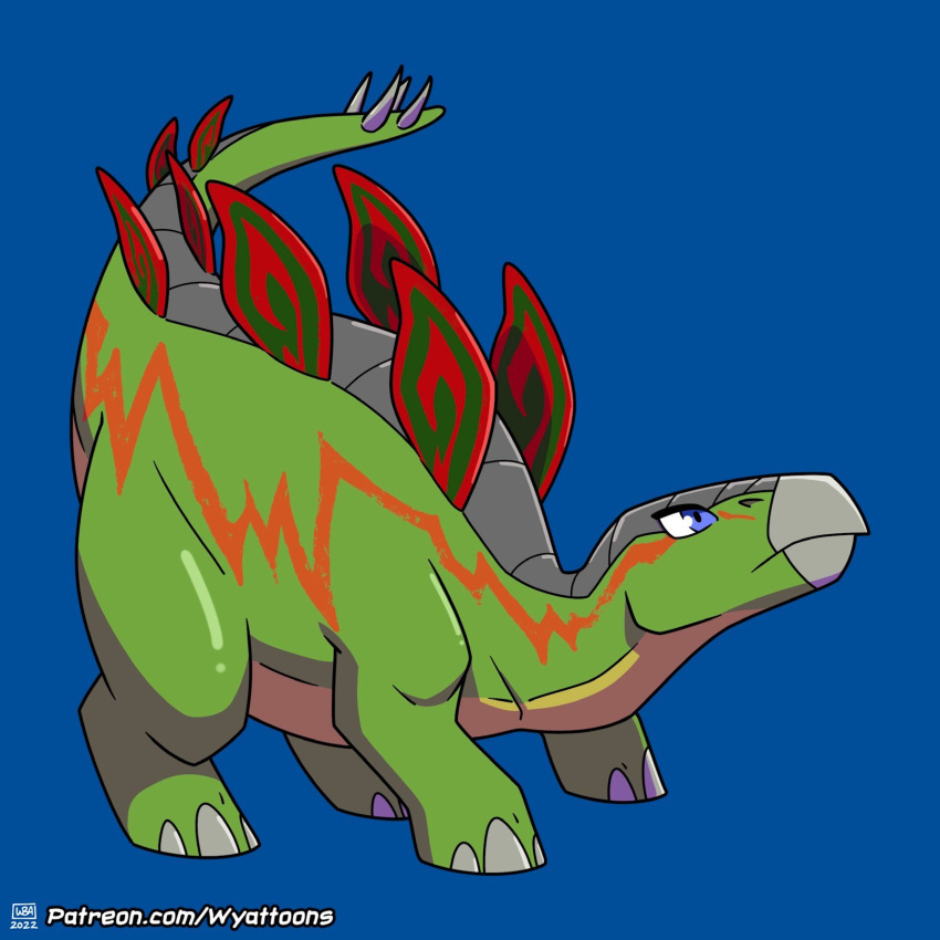 artist_name, blue_background, blue_eyes, colored_skin, dinosaur, fossil_fighters, green_skin, highres, no_humans, patreon_username, simple_background, solo, stego_(fossil_fighters), stegosaurus, web_address, wyattoons