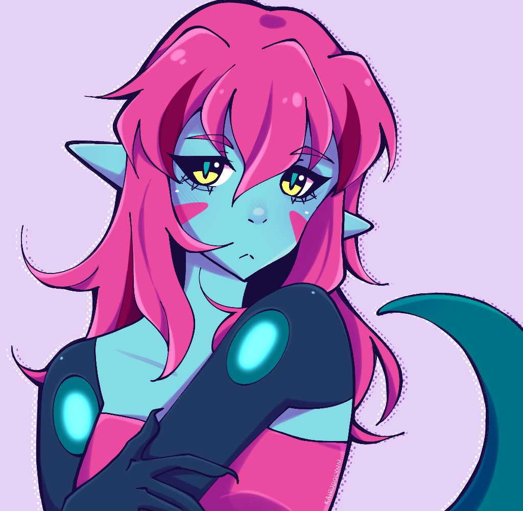 1girl, blue_skin, colored_skin, duna_(fossil_fighters), fossil_fighters, green_eyes, kairudolynn, looking_at_viewer, pink_hair, pointy_ears, purple_background, simple_background, solo, upper_body