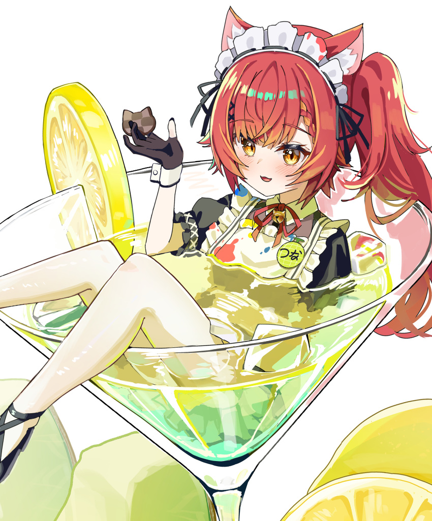 1girl, absurdres, animal_ear_fluff, animal_ears, apron, bell, between_fingers, black_dress