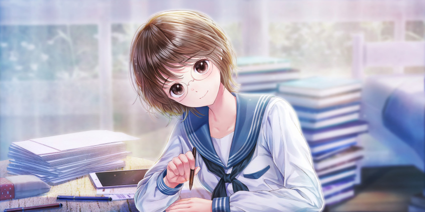 1girl, bed, blue_reflection_(series), blue_reflection_sun, blue_sailor_collar, blurry, blurry_background, blush