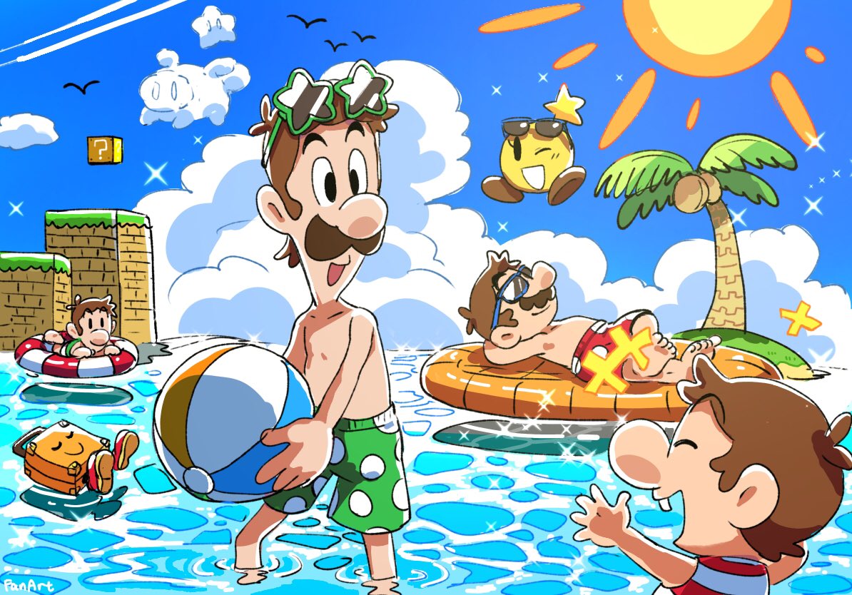 4boys, ?_block, baby_luigi, baby_mario, ball, beachball, blue_sky, brown_hair