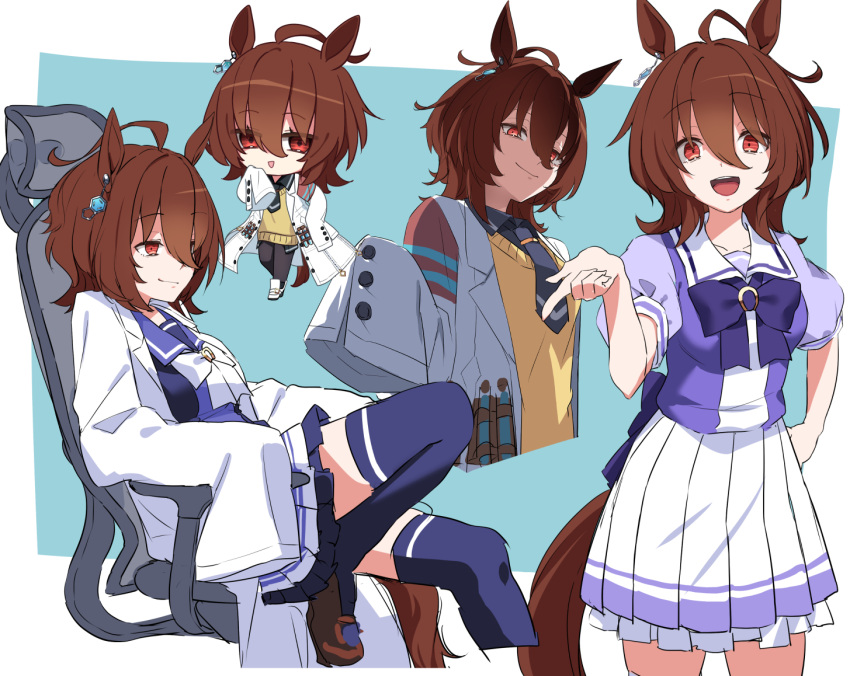 1girl, :d, agnes_tachyon_(umamusume), ahoge, animal_ear_piercing, animal_ears, black_necktie, black_shirt