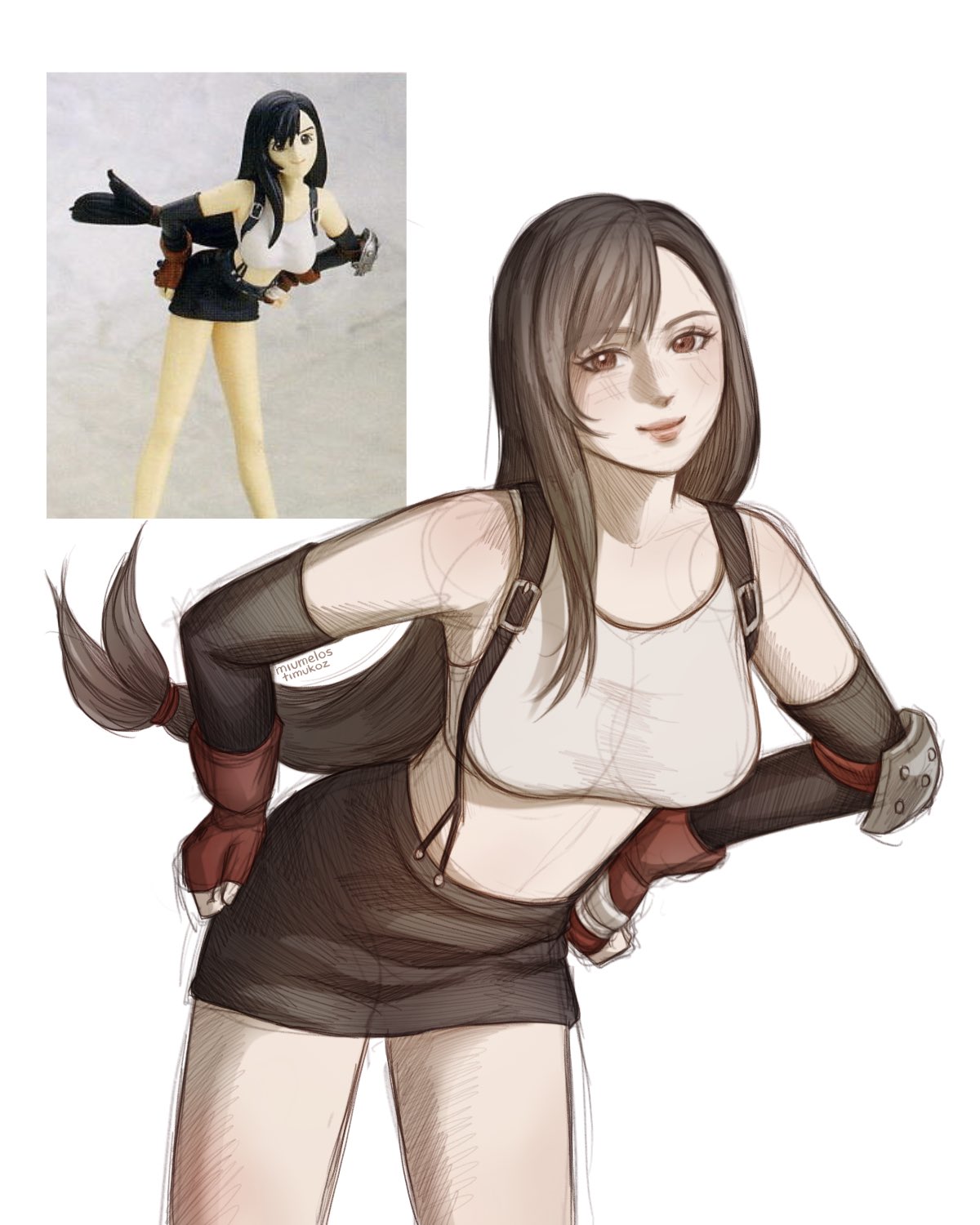1girl, bare_shoulders, black_gloves, black_hair, black_skirt, breasts, brown_hair, closed_mouth