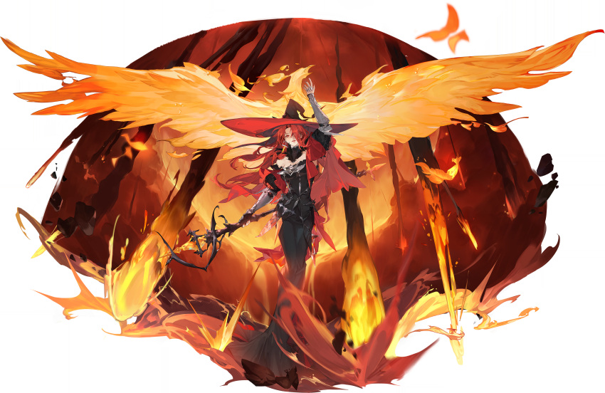 1girl, absurdres, arm_up, bird, black_dress, border, dress, feathers, fireball, game_cg, gloves, hair_over_one_eye, hat, highres, holding, holding_staff, light_smile, long_hair, luvata_(sword_of_convallaria), mage_staff, non-web_source, off-shoulder_dress, off_shoulder, official_art, parted_lips, red_eyes, red_hair, single_glove, solo, staff, sword_of_convallaria, transparent_border, witch_hat
