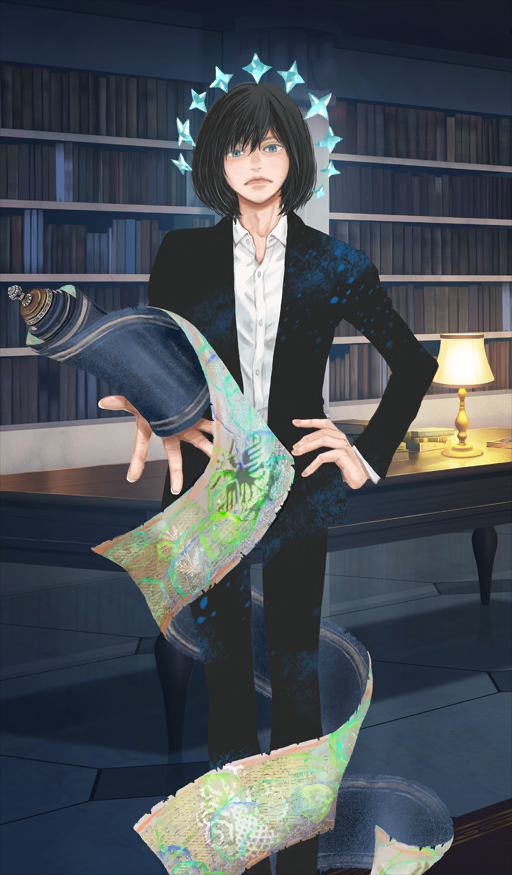 1boy, black_hair, black_jacket, black_pants, blazer, blue_eyes, buttons, closed_mouth, commentary_request, fate/grand_order, fate_(series), feet_out_of_frame, frown, game_cg, halo, hand_on_own_hip, holding, holding_scroll, indoors, jacket, long_sleeves, looking_at_viewer, male_focus, oberon_(fate), oberon_(fgo_fes._2025)_(fate), official_art, open_clothes, open_jacket, pants, scroll, shirt, solo, third-party_source, umino_chika, white_shirt