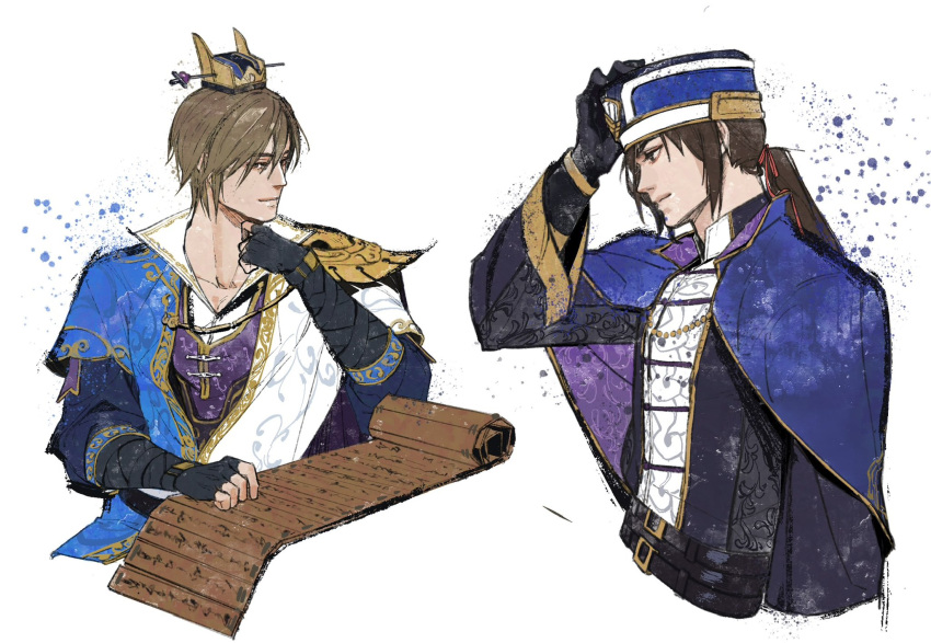 2boys, black_gloves, blue_cloak, blue_hat, blue_jacket, brown_hair, chinese_clothes, cloak