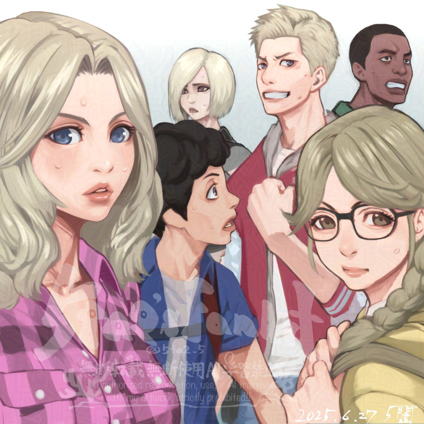 3boys, 3girls, 5tatsu, artist_name, becca_woolett, blonde_hair, blue_eyes, blue_jacket, braid, breasts, brown_eyes, clenched_hand, clenched_teeth, closed_mouth, collared_shirt, crop_top, dark-skinned_male, dark_skin, dated, denim, furrowed_brow, glasses, grey_shirt, grin, hair_over_one_eye, hair_over_shoulder, hand_on_own_chest, highres, hood, hood_down, hoodie, jacket, january_van_sant, jewelry, letterman_jacket, long_hair, martin_sandwich, medium_breasts, multiple_boys, multiple_girls, open_mouth, parted_bangs, parted_lips, pink_shirt, plaid_clothes, plaid_shirt, red_hoodie, resident_evil, resident_evil:_resistance, samuel_jordan, shirt, shirt_under_shirt, short_hair, short_sleeves, shorts, single_braid, smile, sweatdrop, teeth, tyrone_henry, upper_body, valerie_harmon, very_short_hair, vest, wide-eyed, yellow_jacket