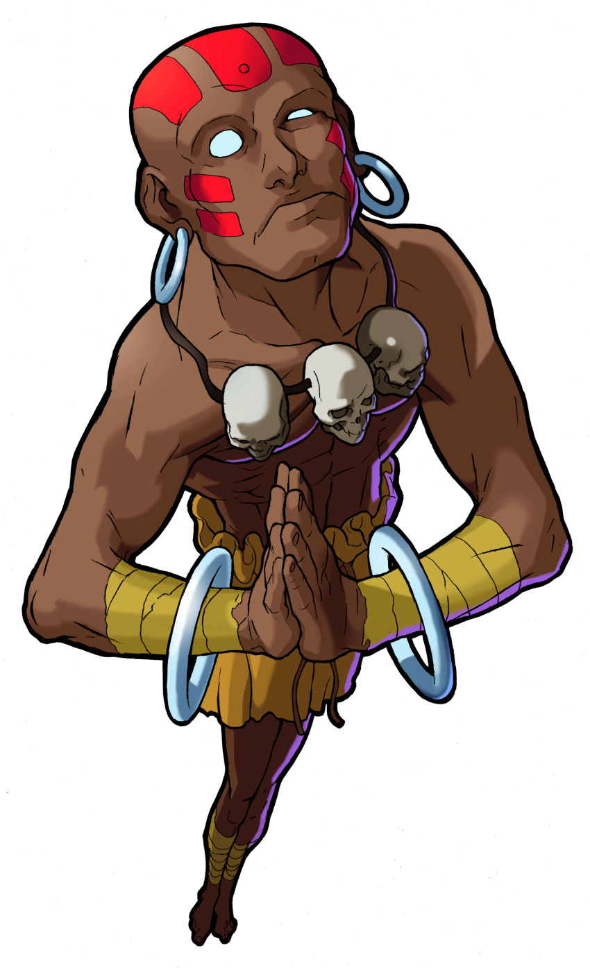 1boy, absurdres, bald, barefoot, bengus, bindi, dark_skin, dhalsim, earrings, extendable_limbs, facepaint, from_above, full_body, game_cg, half-closed_eye, highres, jewelry, leg_wrap, looking_at_viewer, male_focus, marvel_super_heroes_vs._street_fighter, marvel_vs._capcom, muscular, necklace, no_pupils, non-web_source, official_art, own_hands_together, rope_belt, scan, shorts, simple_background, skull_necklace, solo, street_fighter, torn_clothes, torn_shorts, white_background, wrist_wrap
