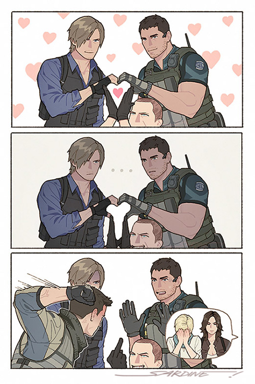 ..., 2girls, 4boys, aqua_scarf, artist_name, black_gloves, blonde_hair, blue_shirt, brown_hair, brown_jacket, bulletproof_vest, chris_redfield, clenched_hand, closed_mouth, collared_shirt, facial_hair, fingerless_gloves, furrowed_brow, gloves, hands_on_own_face, heart, heart_hands, heart_hands_failure, heart_hands_trio, heart_print, helena_harper, jacket, jake_muller, leon_s._kennedy, medium_hair, middle_finger, multiple_boys, multiple_girls, muscular, muscular_male, piers_nivans, punching, resident_evil, resident_evil_6, sardine_(kjr0313), scarf, shaved_head, sherry_birkin, shirt, short_hair, short_sleeves, smile, stubble, upper_body, very_short_hair, white_shirt