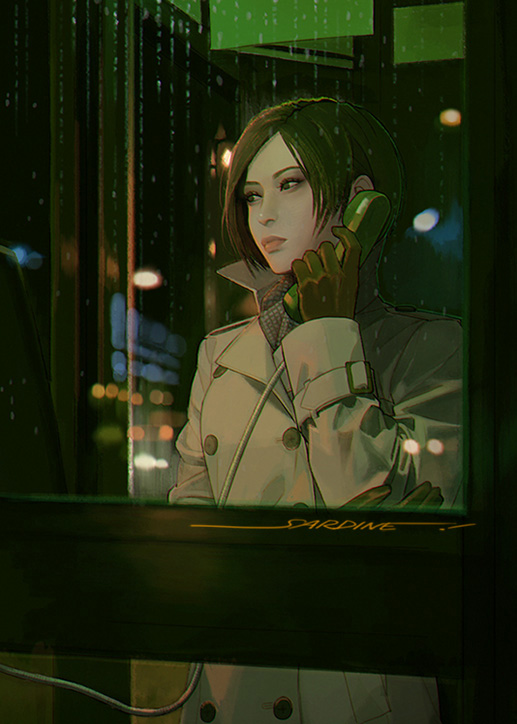 1girl, ada_wong, artist_name, black_gloves, black_hair, closed_mouth, coat, gloves