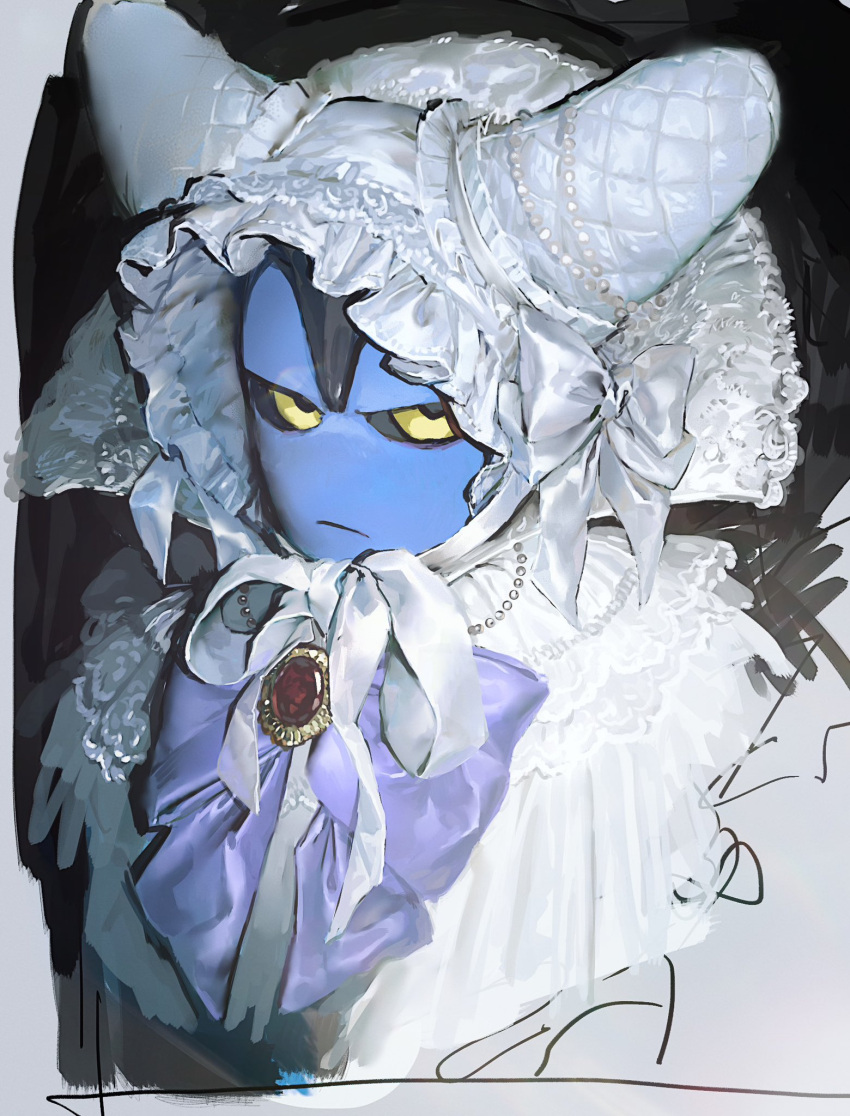 1boy, alternate_costume, black_sclera, blue_skin, bonnet, bow, colored_sclera, colored_skin