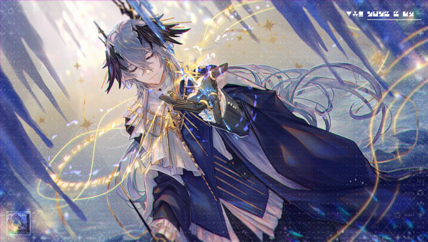 1boy, arknights, backlighting, black_coat, black_gloves, blue_vest, chinese_commentary, closed_eyes