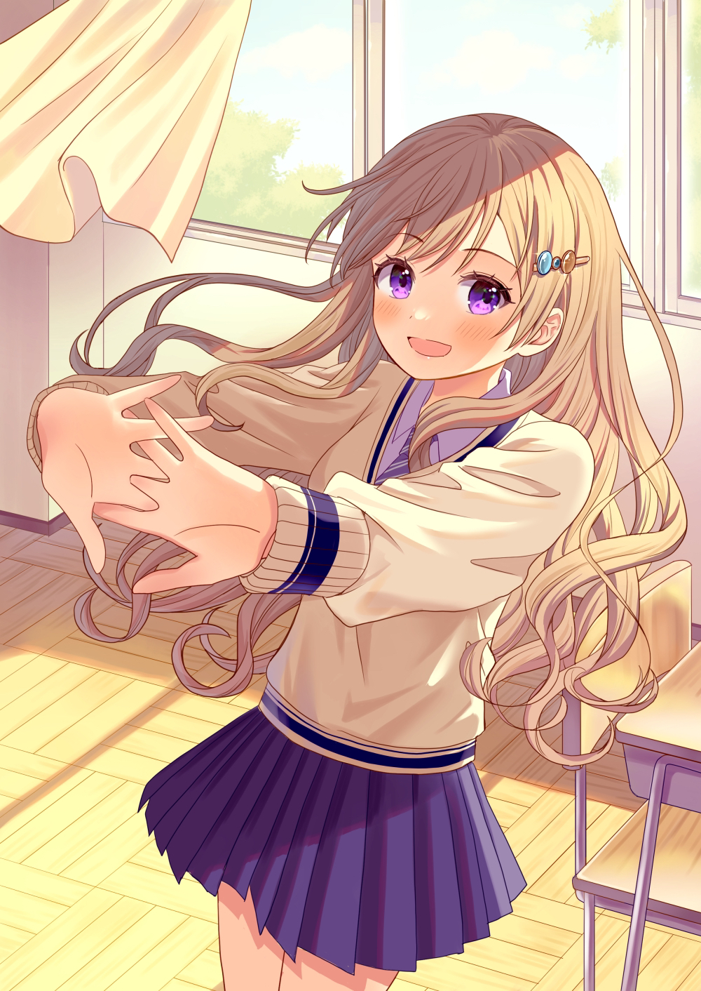 1girl, blush, brown_hair, brown_sweater, chair, classroom, collared_shirt, commentary_request