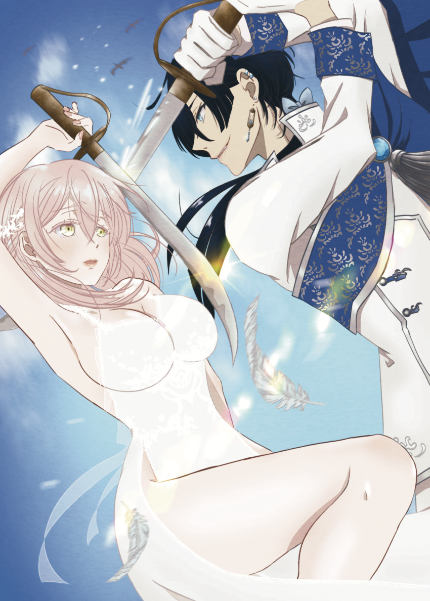1boy, 1girl, absurdres, bird, black_hair, blue_eyes, blunt_sidelocks, breasts, bride, earrings, feathers, fighting_stance, groom, hair_ornament, highres, jewelry, large_breasts, medium_hair, non-web_source, pale_skin, pirate, prince, princess, ribbon, sidelocks, sky, sword, thelittleapron, vanitas_no_carte, weapon, wedding, yellow_eyes