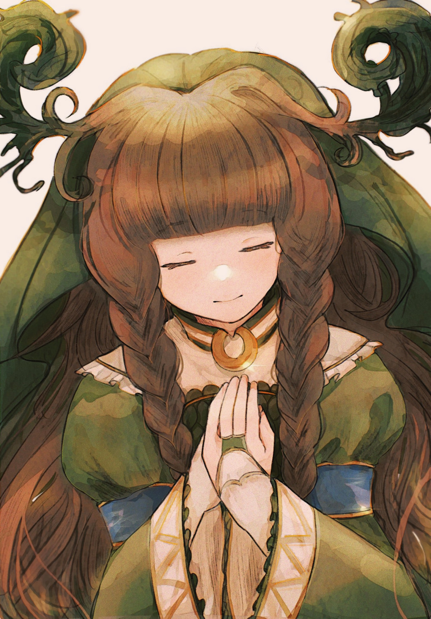 1girl, armlet, closed_eyes, commentary_request, dress, green_dress, green_veil, hand_on_own_chest