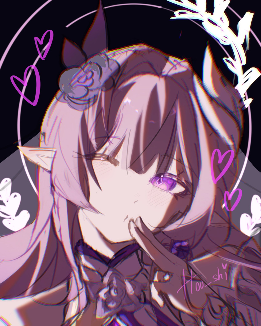 1girl, ;), artist_name, black_background, commentary, cyrene_(honkai:_star_rail), diamond-shaped_pupils, diamond_(shape), english_commentary, flower, hair_flower, hair_ornament, halo, heart, highres, honkai:_star_rail, honkai_(series), hoo_shi, long_hair, one_eye_closed, pink_hair, pointy_ears, portrait, smile, solo, symbol-shaped_pupils, veil, very_long_hair, violet_eyes, white_veil