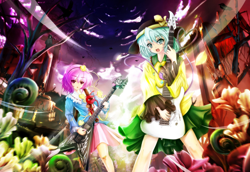 2girls, bird, blue_barret, blush, brown_eyes, crow, electric_guitar, eyeball, flower, green_eyes, green_hair, guitar, hairband, hat, heart, instrument, komeiji_koishi, komeiji_satori, multiple_girls, pink_hair, short_hair, siblings, sisters, skirt, sun_hat, third_eye, touhou, tree