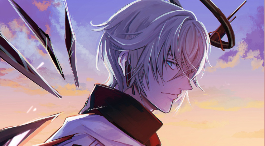 1boy, arknights, backlighting, blonde_hair, blue_eyes, clouds, commentary, commentary_request
