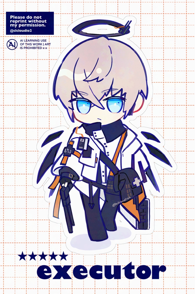 1boy, arknights, bag, black_bag, black_pants, blonde_hair, blue_eyes, briefcase, character_name, commentary_request, crossed_bangs, executor_(arknights), frown, grid_background, gun, halo, highres, holding, holding_briefcase, holding_gun, holding_weapon, jacket, looking_to_the_side, male_focus, messenger_bag, outline, pants, shadow, short_hair, shoulder_bag, simple_background, solo, tuwabuki_shu, walking, watermark, weapon, white_background, white_jacket, wings