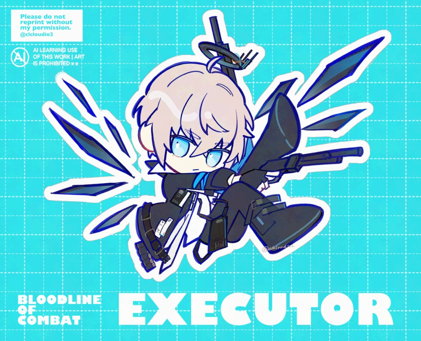 1boy, arknights, black_gloves, black_jacket, black_pants, blonde_hair, blue_background, blue_eyes, character_name, commentary_request, executor_(arknights), executor_(titleless_code)_(arknights), fingerless_gloves, frown, gloves, grid_background, gun, halo, holding, holding_gun, holding_weapon, jacket, leg_up, looking_at_viewer, male_focus, official_alternate_costume, open_clothes, open_jacket, outline, pants, shirt, short_hair, simple_background, solo, tuwabuki_shu, watermark, weapon, white_shirt, wings