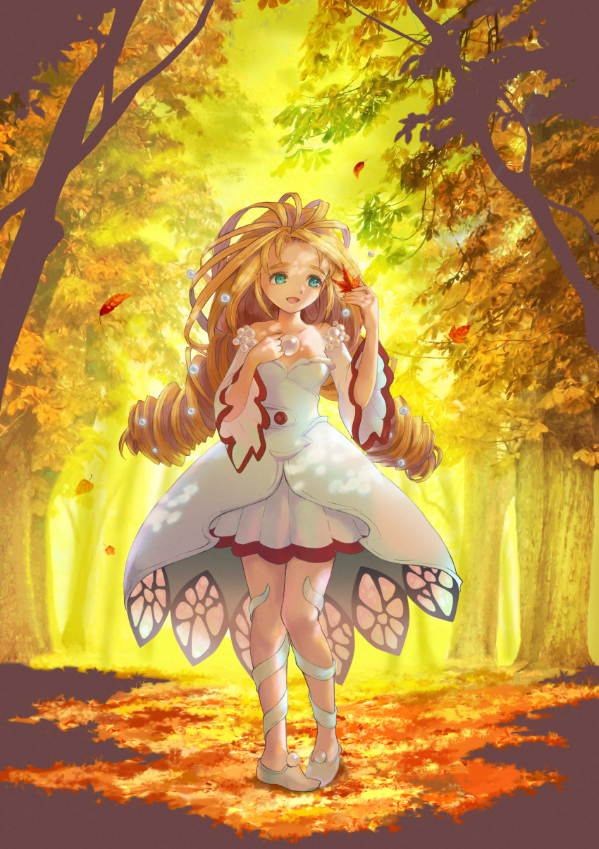 1girl, :d, absurdres, aqua_eyes, arm_up, autumn_leaves, bare_shoulders, breasts